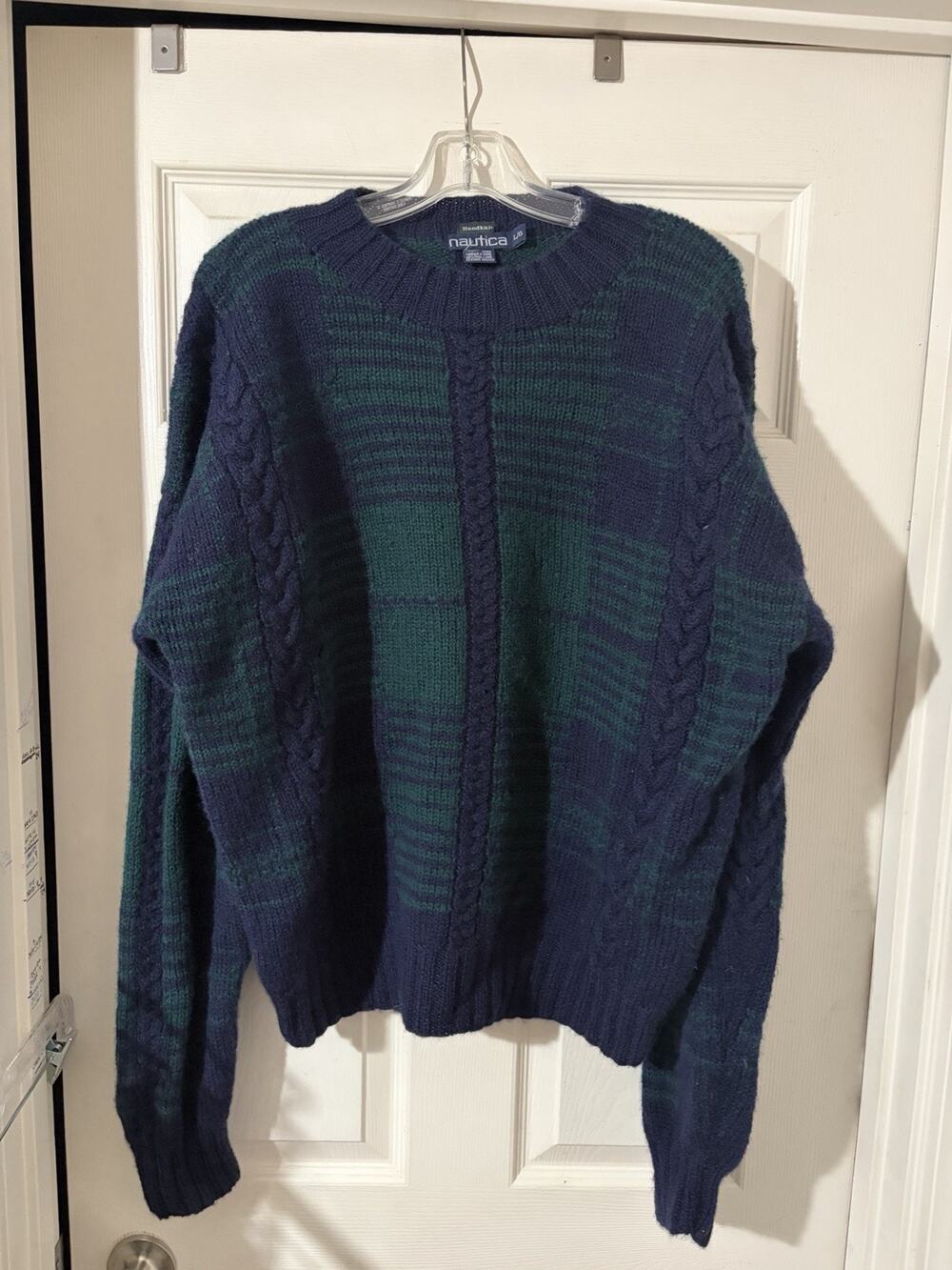 Vintage Nautica Tartan Plaid Sweater Sz L Hand Knit Wool Green Blue